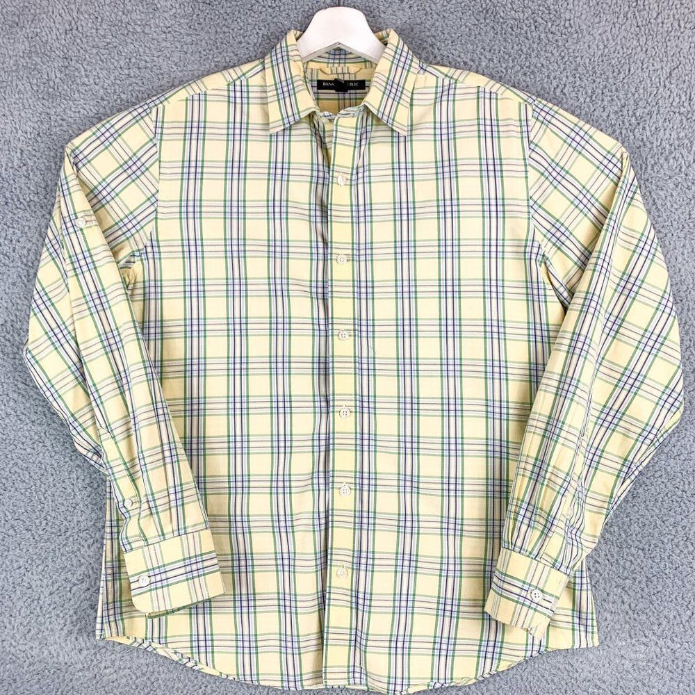 🔥Banana Republic Shirt Mens Medium Yellow Plaid Dress/ Casual 100% Cotton 🔥